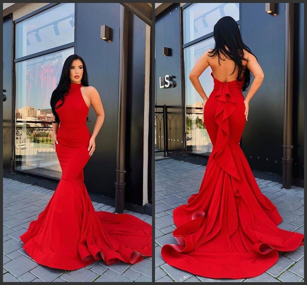 Satén rojo Largo Cuello alto Vestidos de noche elegantes Sin respaldo Elie Saab Tallas grandes Vestidos Satén rojo Largo Cuello alto Vestidos de noche elegantes Sin respaldo Elie Saab Tallas grandes Vestidos