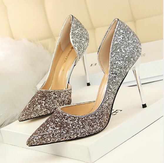 silver glitter pointed heels