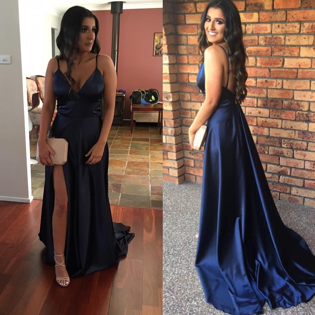 navy blue slit prom dress