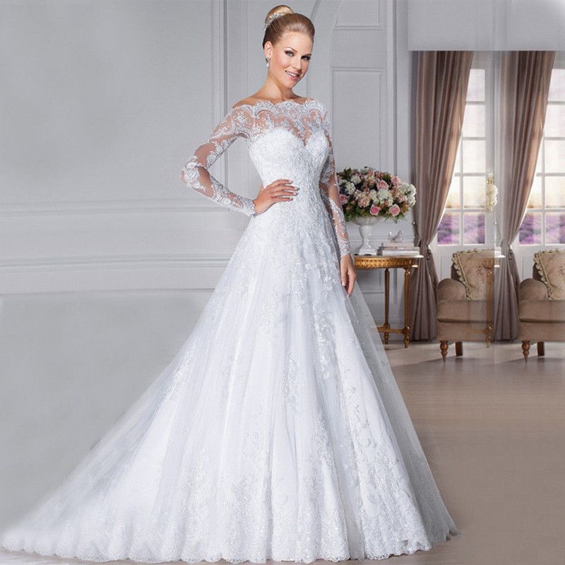 Compra Manga Larga Una Línea Vestidos De Novia Con Apliques Barridos De  Tren Vestidos De Novia Botón Volver Vestido Novia Corto Barato | Entrega  Rápida Y Calidad | Es.Dhgate