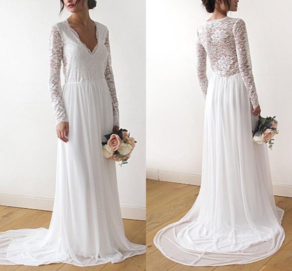 Discount Simple Lace Boho Pregnant Wedding Dresses Long Sleeve V Neck