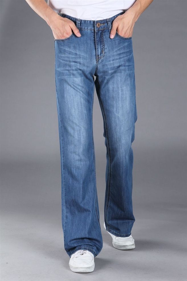 Mens Blue Flared Jeans Trousers Long 