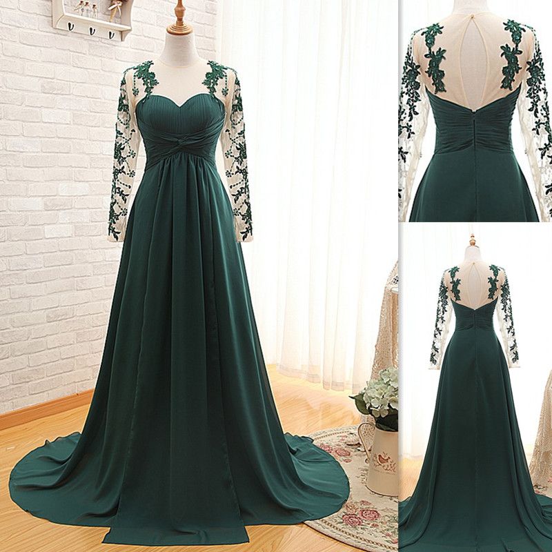 Lace Long Sleeve Emerald Green Evening Prom Dress Formal Party Cocktail Gown 