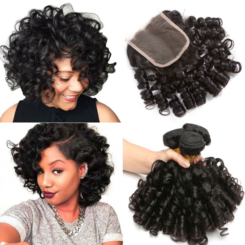 2020 3 Hair Bundles With Closure Bouncy Curly Human Hair Weave