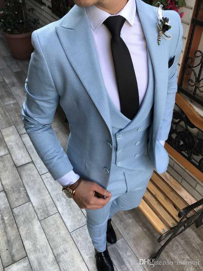Groom Tuxedos Groomsmen Peak Lapel Custom Made Baby Blue Men Suits ...