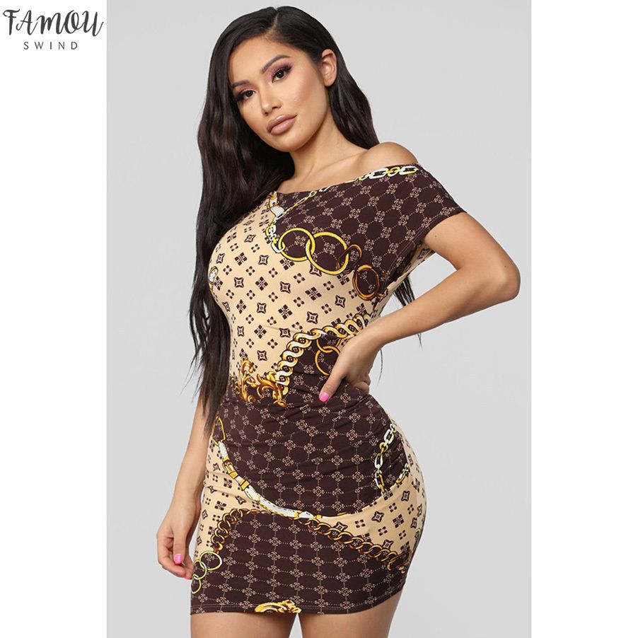 Compre Modelos De Explosion 2020 De La Moda Sexy Vestido Marron Bolsa Casual De La Cadera De Las Mujeres Vestido De Cuello Oblicuo Apretado Impresion Del Oro A 13 94 Del Your10 Dhgate Com