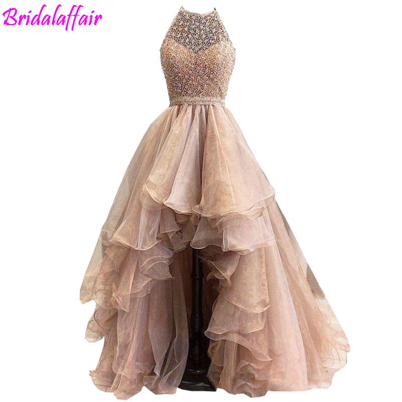 rose gold high low prom dress