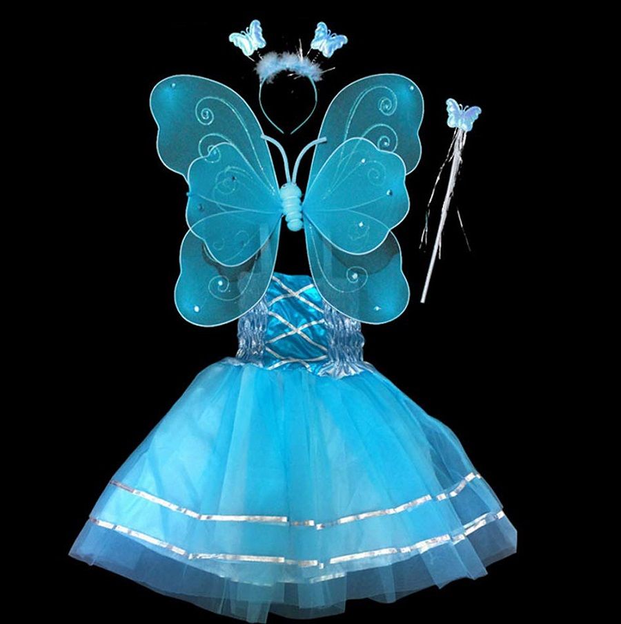 Rouge Vif LUOEM Ensemble de Costume de Papillon de fée de la Fille Butterfly Wings Bandeau Baguette Magique Costume de fête des Enfants Performance 3PCS