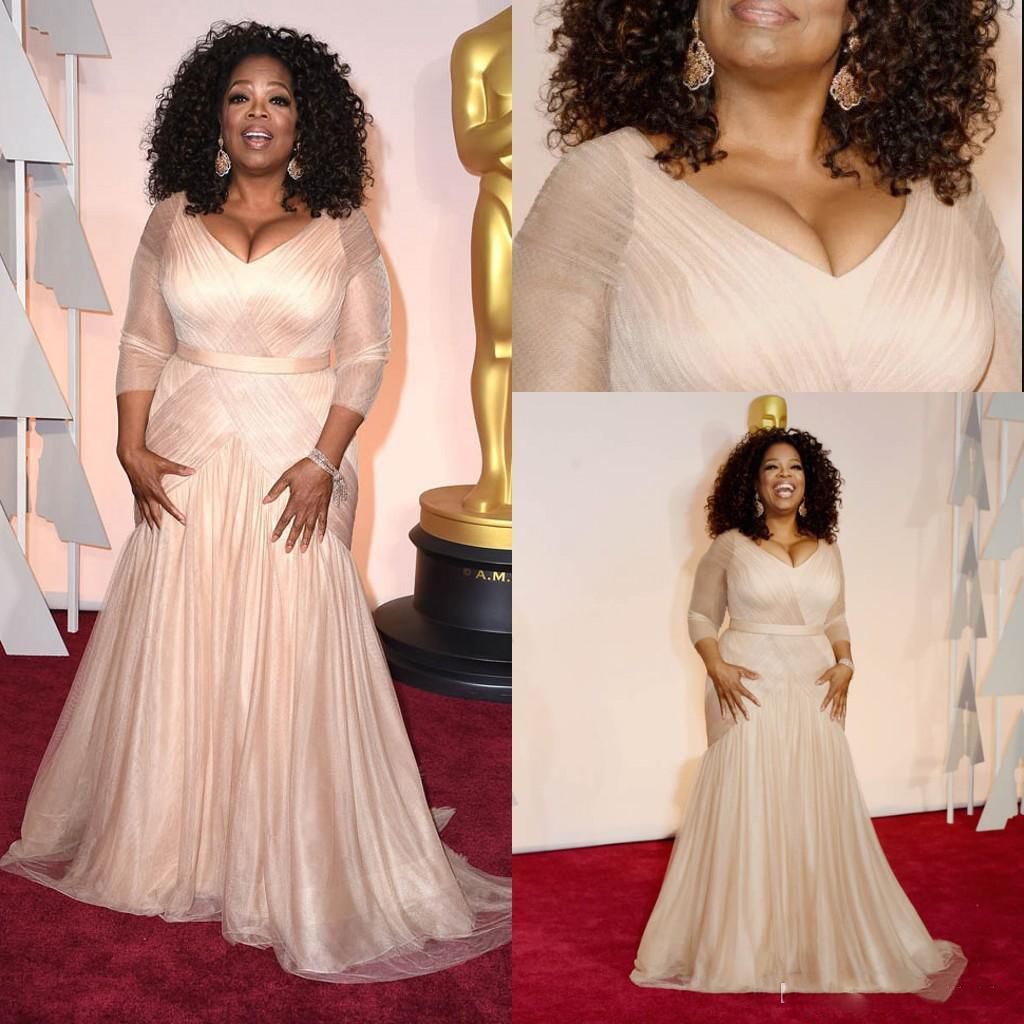 Plus Size Celebrity Dresses Oscar Long Sleeve V Neck Ruched Plus Size Formal Evening Party Gowns 