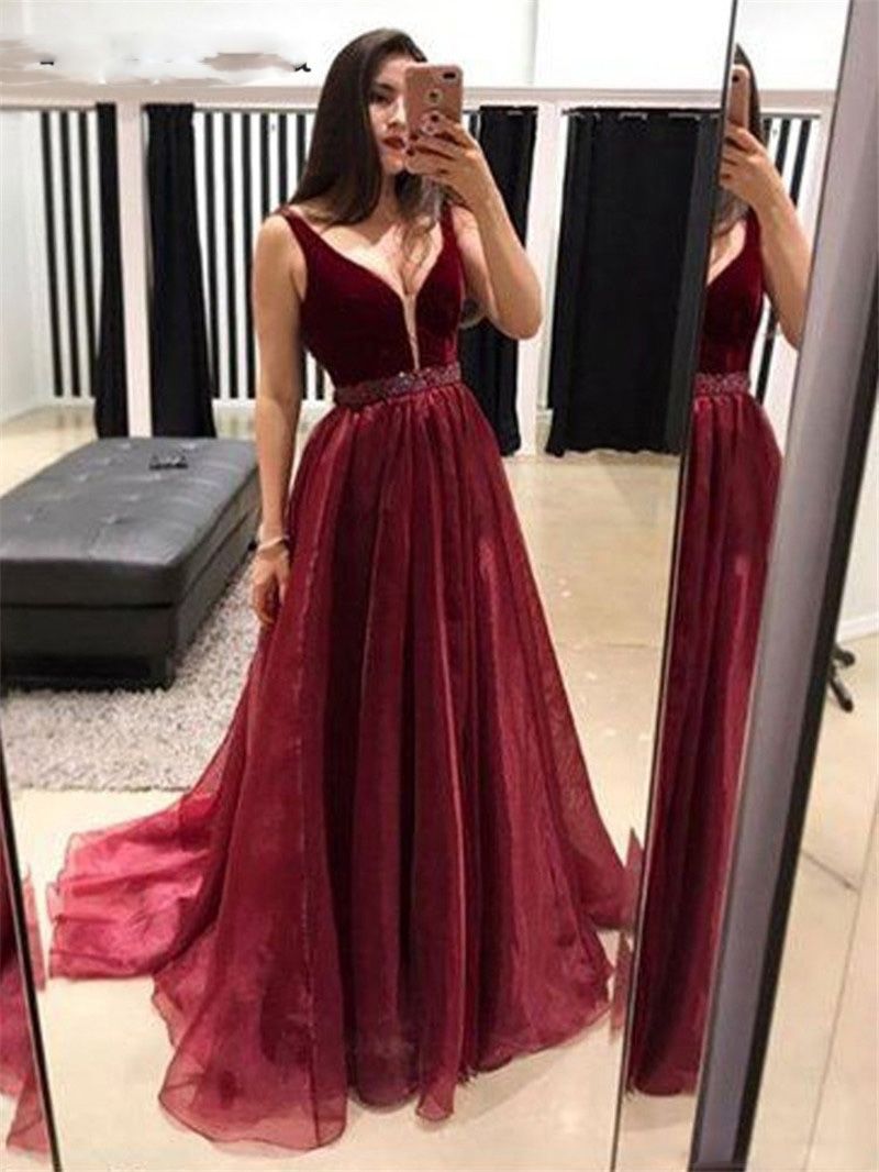 Compra Borgoña Con Cuello En V Sin Mangas De La Corte Del Tren Una Línea De  Organza Vestidos De Baile Sexy Princesa Vestido De Fiesta De Graduación  Barato | Entrega Rápida Y