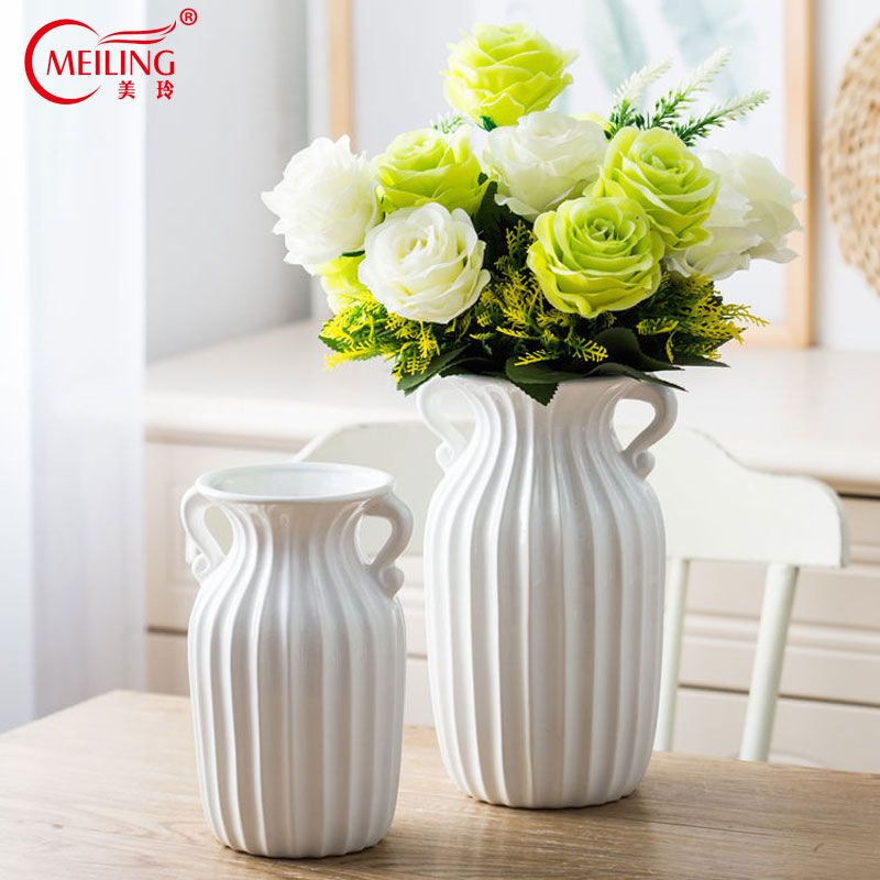 Modern Double Ear Vertical Stripes White Decorative Vases For