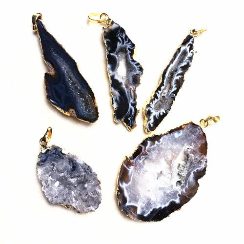 DP Argent Noir Druse Druzzy Agate Tranche Pendentif et Collier DP11 
