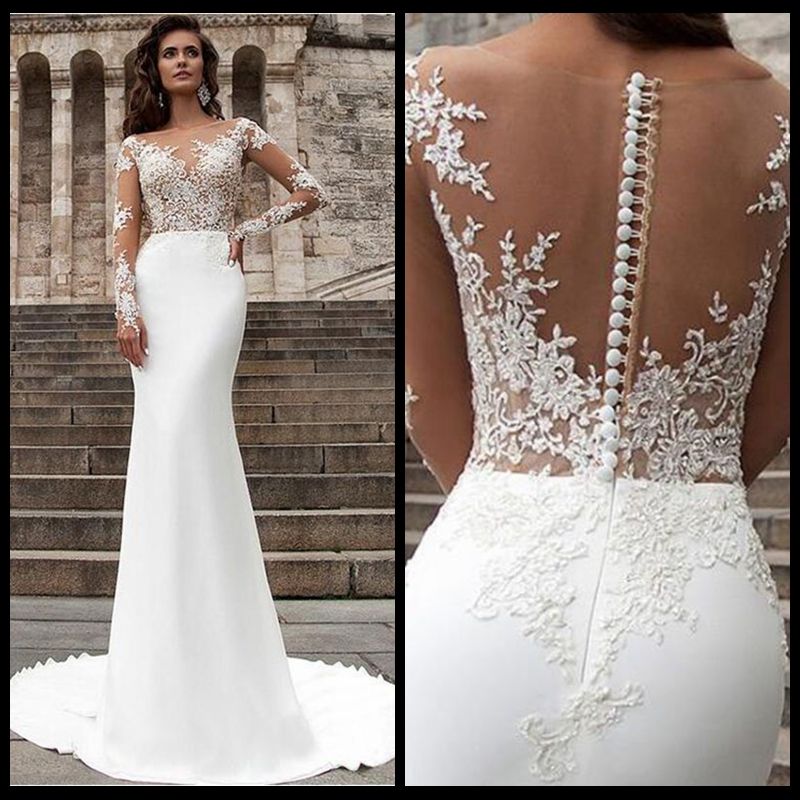 Acheter Robes De Mariée Sexy Sirène 2019 Manches Longues Pure Dentelle Cou Applique Robe De Mariée Blanche Custom Made Vintage Robe De Mariée De