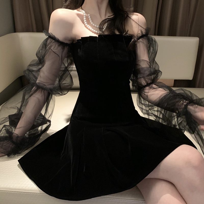Vestido gótico atractivo de la vendimia del hombro Off Lanter manguito de malla Mini Calle remiendo Vestido gótico atractivo de la vendimia del hombro Off Lanter manguito de malla Mini Calle remiendo