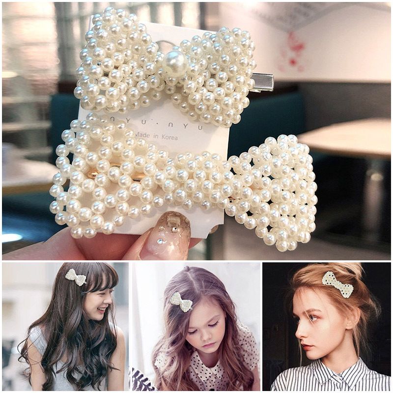 Pearls Hair Clips For Women Girls 4Pcs Large Bows/Clips/Ties For Birthday V O4D1 