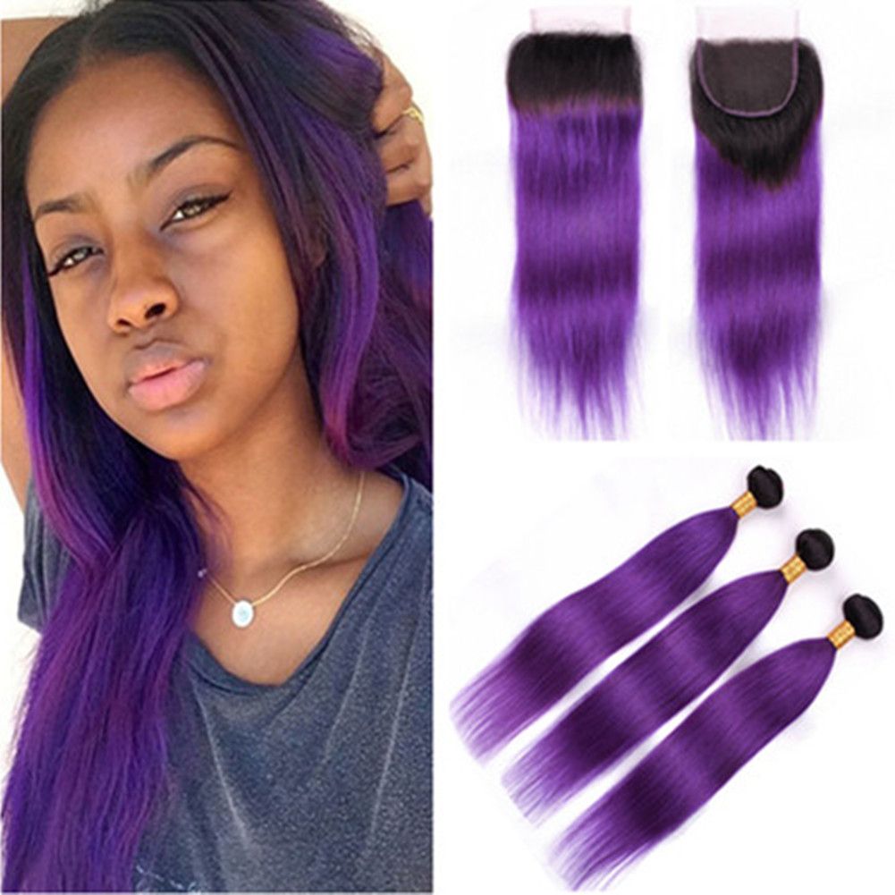 Straight 1b Purple Ombre Malaysian Human Hair 3bundles With Closure Dark Roots Ombre Purple 4x4 Front Lace Closure With Weaves Human Weave Wet N Wavy