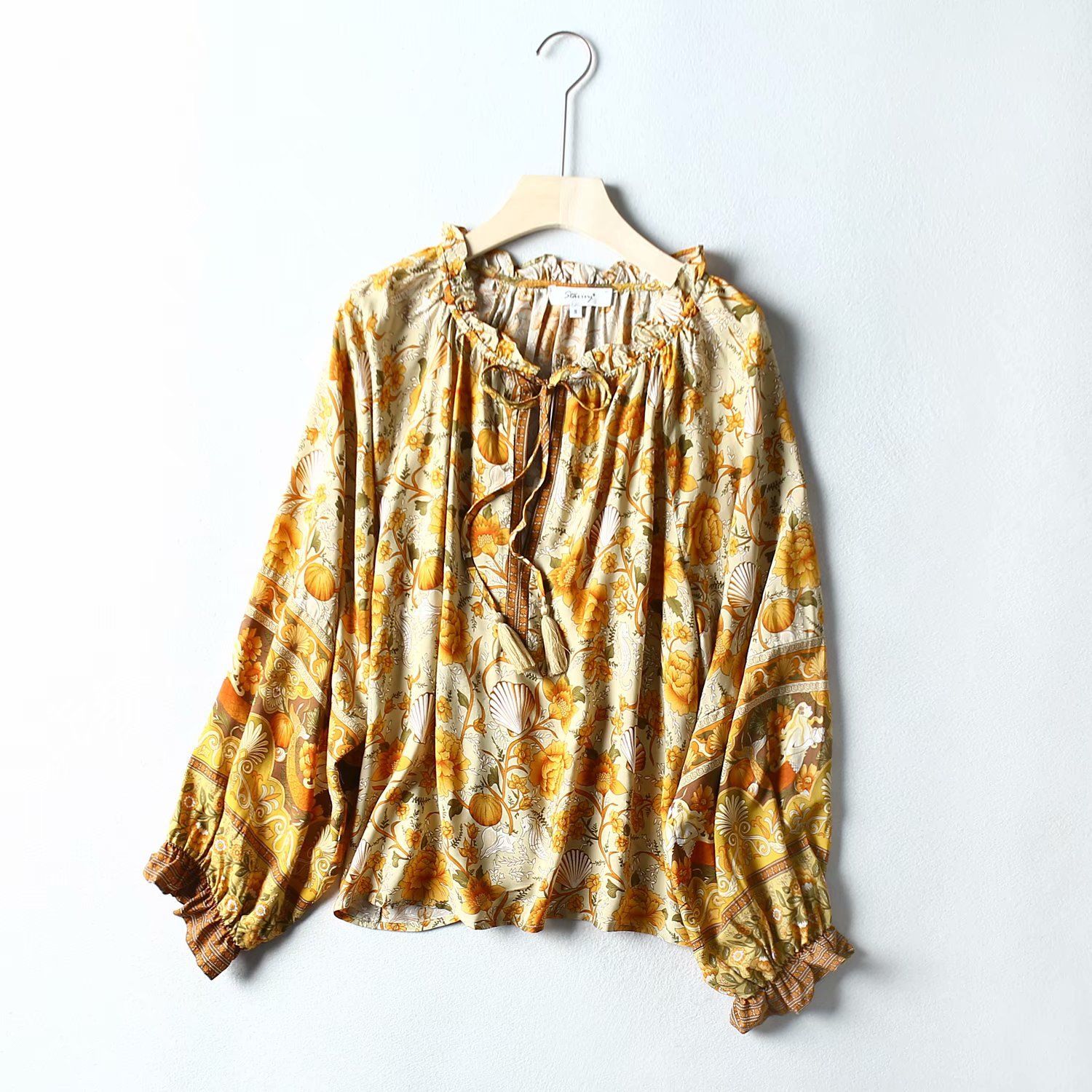 Women Yellow Floral Long Sleeve Blouse Tassel Tied V Neck Loose Boho ...