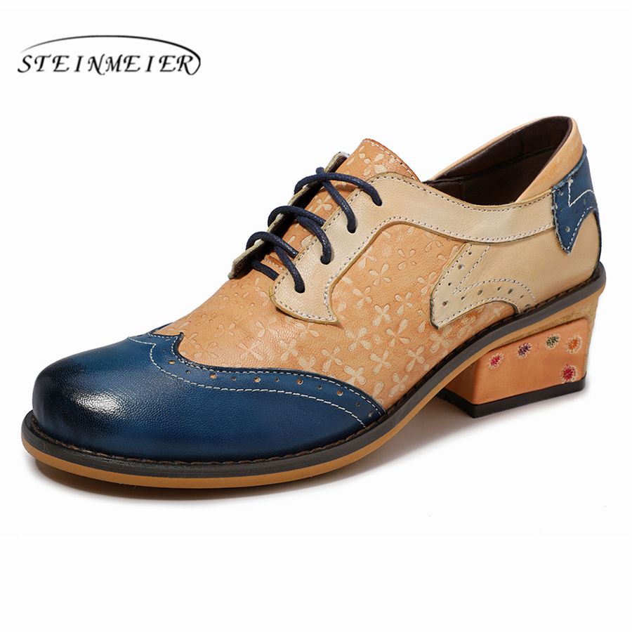 Women Genuine Leather Oxford Pumps Shoes Vintage Lady Lace Up