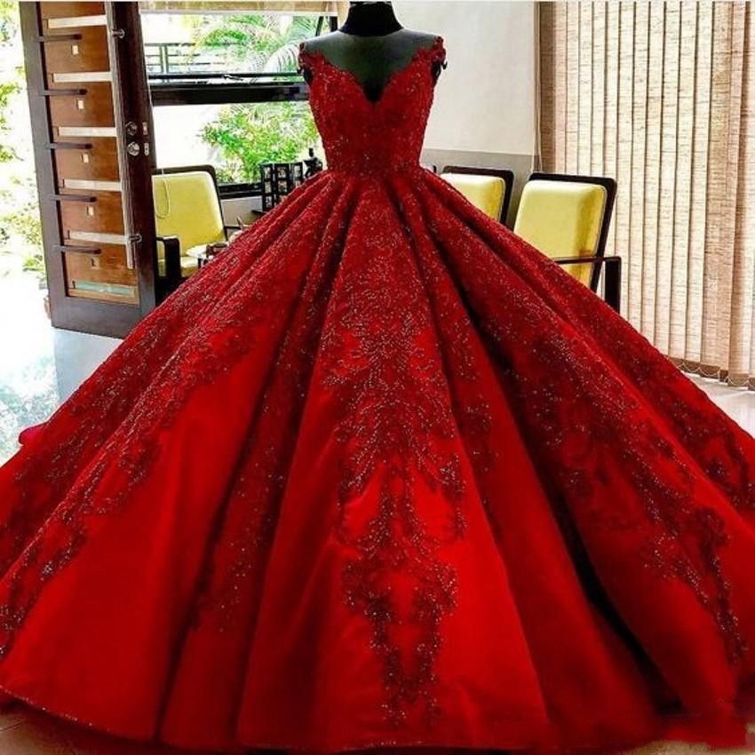 Acquistare Immagine Reale 2020 Rosso Scuro Una Linea Abiti Da Ballo Con  Applique In Pizzo Scollo A Cuore Cappella Treno Abiti Da Sposa Da Sposa  Donne Arabe Economico | Consegna Veloce E