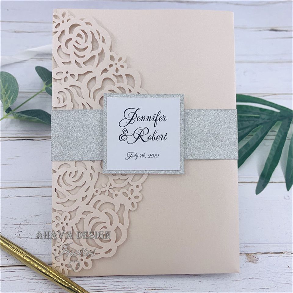 Acheter Carte Dinvitation De Mariage De Fantaisie Blush Laser Avec Etiquette Personnalisee Bande De Ventre Scintillant Insert Et Carte Rsvp Conception Gratuite De 1 55 Du Cryastal Dhgate Com