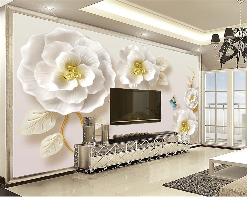 Custom 3d Flower Wallpaper HD Jade Carving White Painted Gold Flowers Color  Butterfly Custom Clear Comfortable