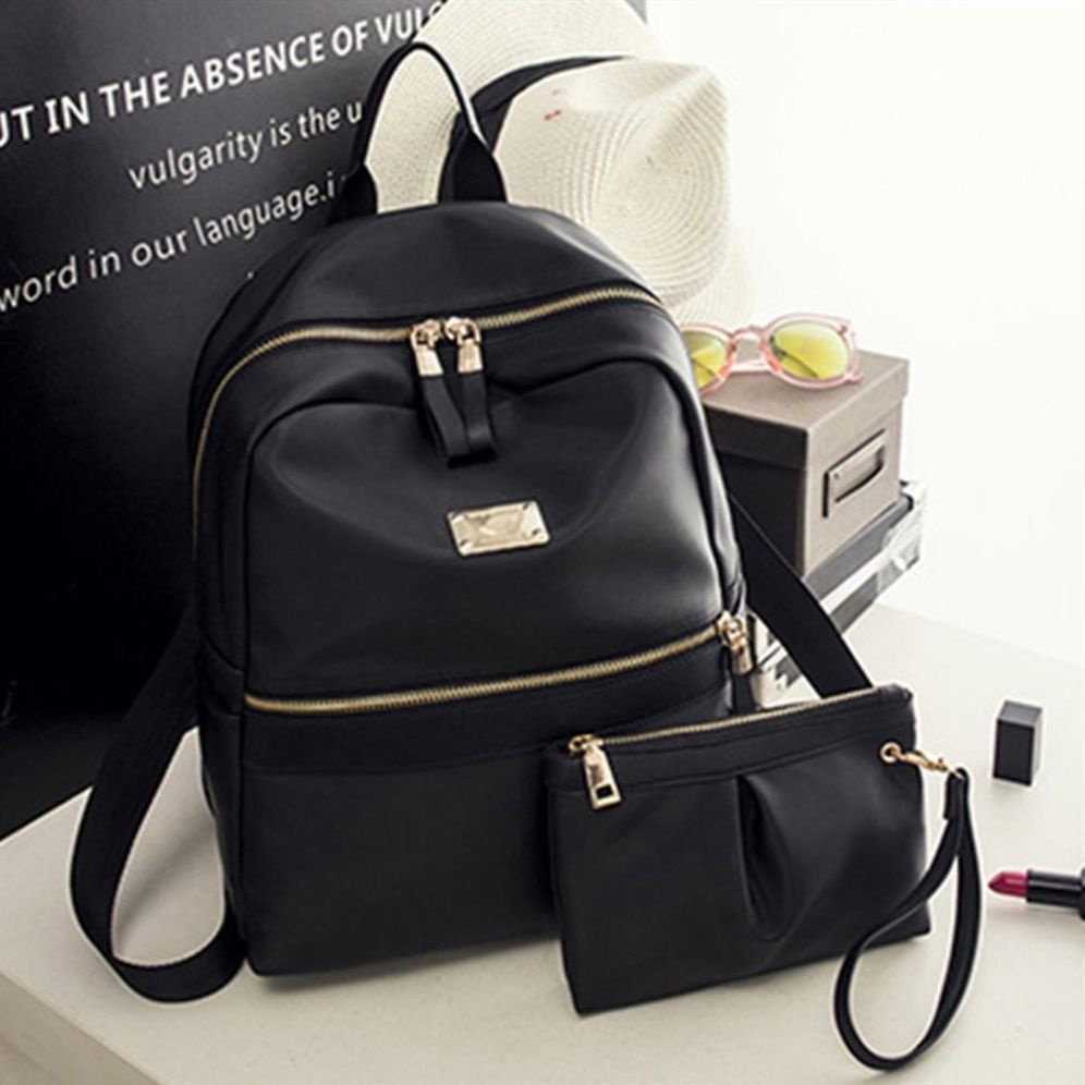 2 unids / Mujeres de la Mochila Negro Mochila Con Pequeño Bolso de LA PU