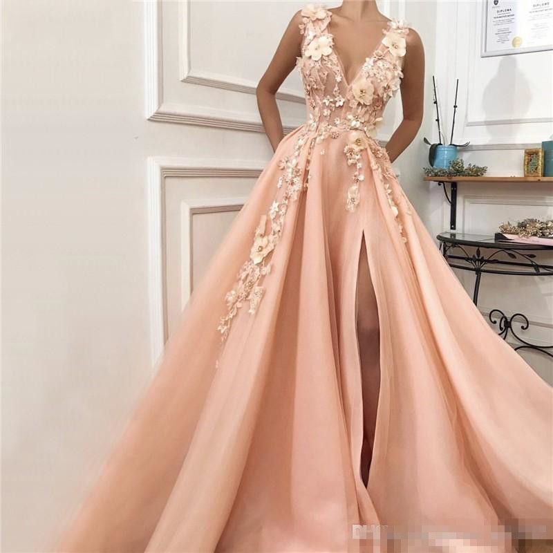 Peach Appliques Prom Dresses 2019 New Sexy Evening Gowns Plus