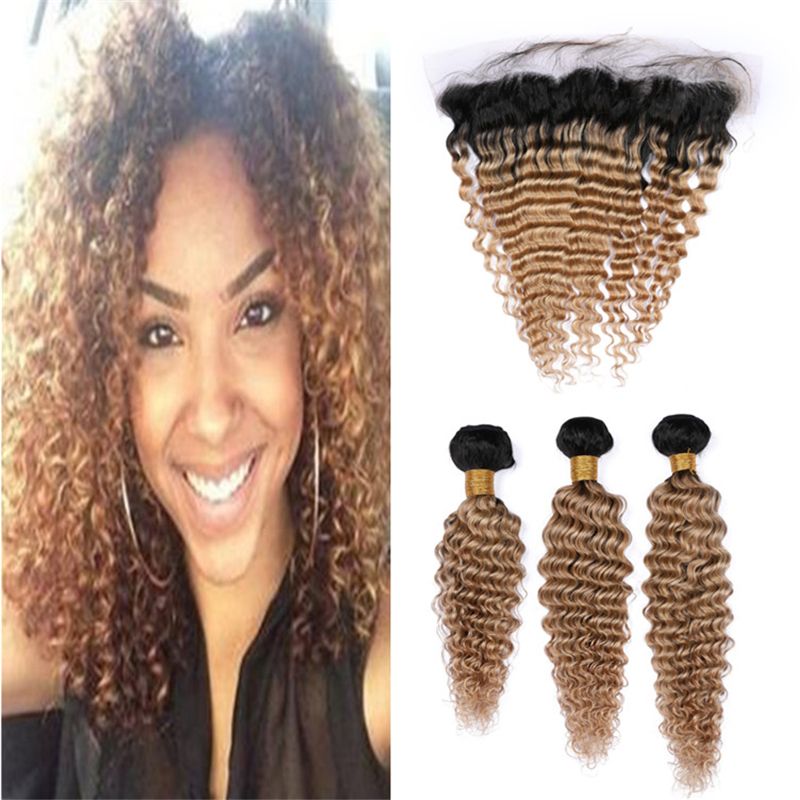 2019 Two Tone 1b 27 Light Brown Ombre Frontal And Bundles Deep Wave Curly Honey Blonde Ombre Human Hair Weave With Lace Frontals From Coach Hair