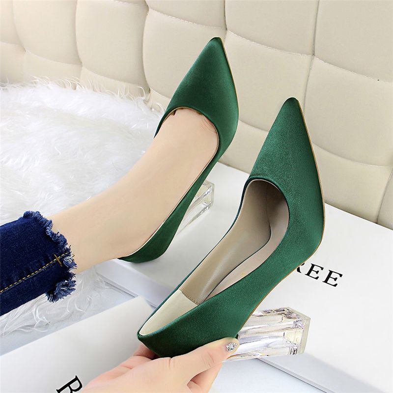 green satin high heels