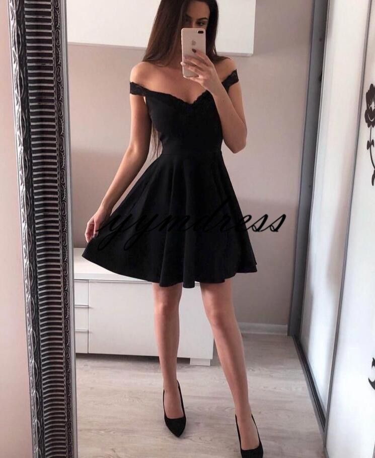 vestido de cóctel negro 2019 fuera del hombro breve de baile de fiesta