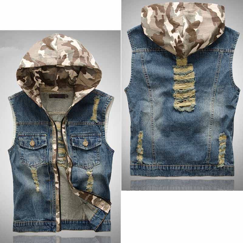 men hooded denim vest