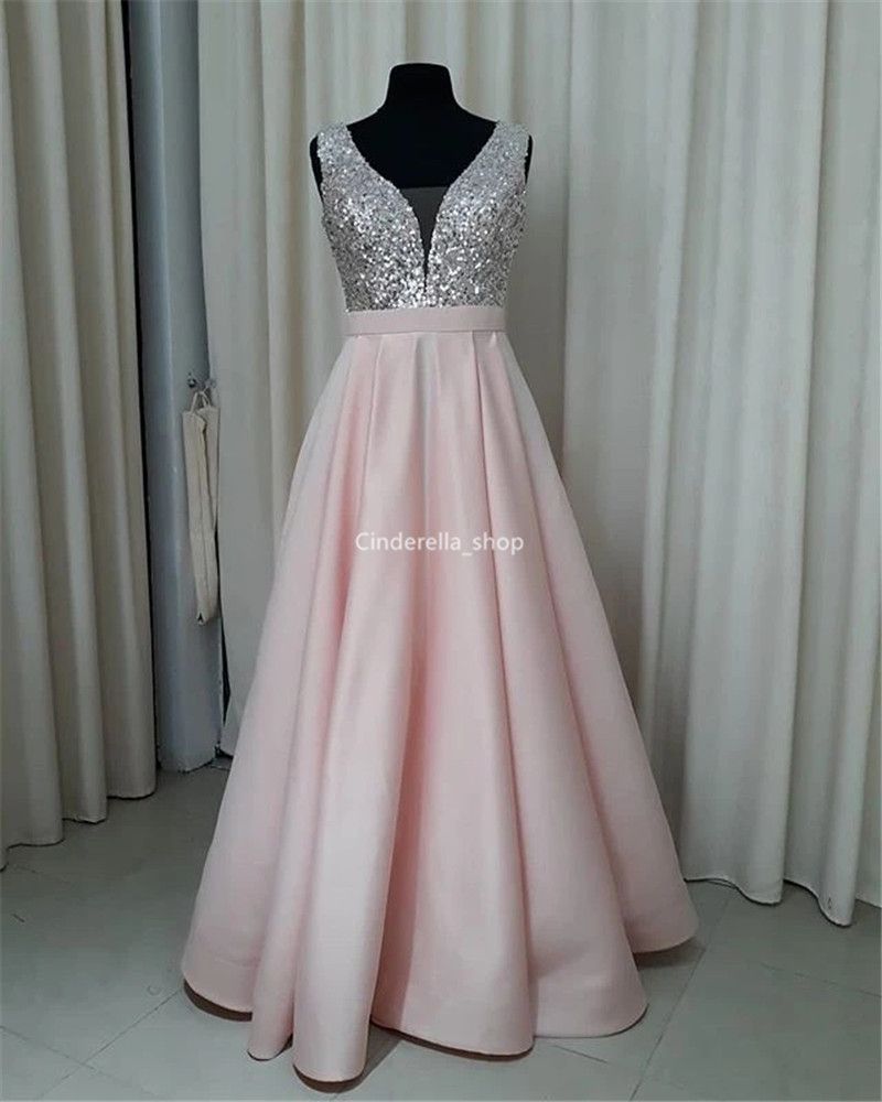 Sparkly Sequins Pink Prom Dresses Long V Neck Sleeveless A Line