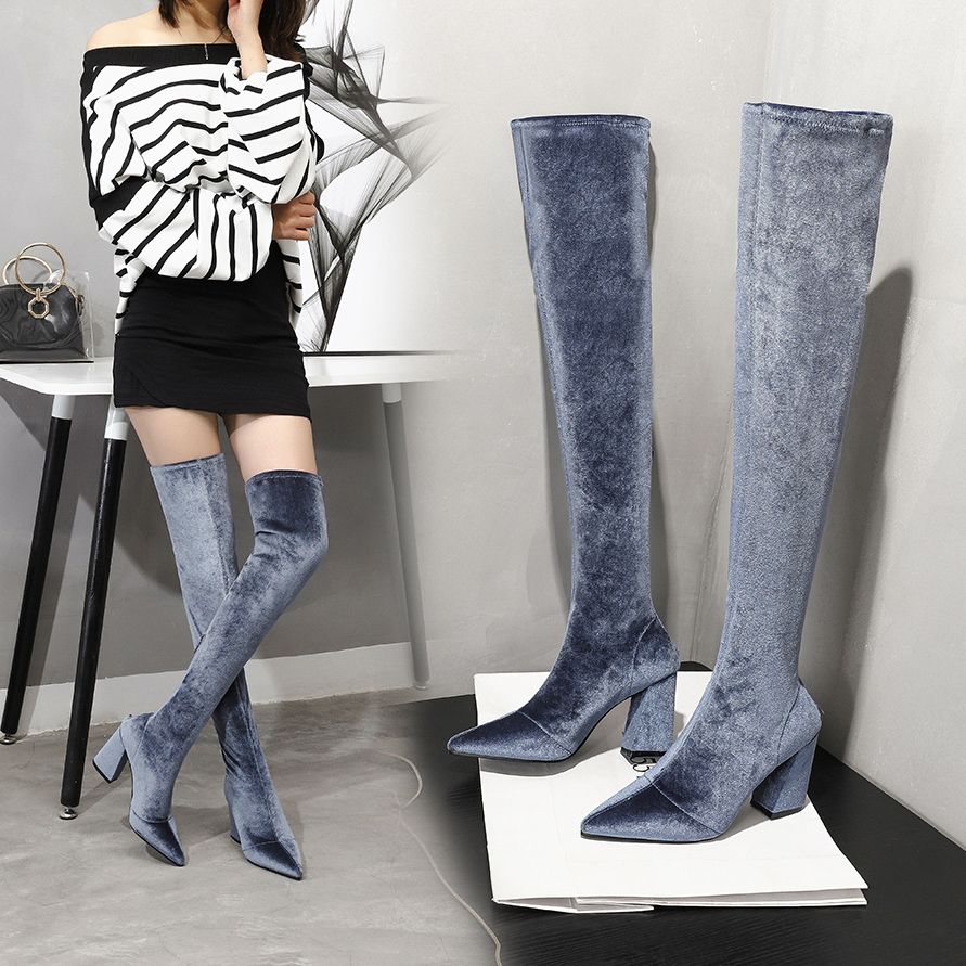grey velvet thigh high boots