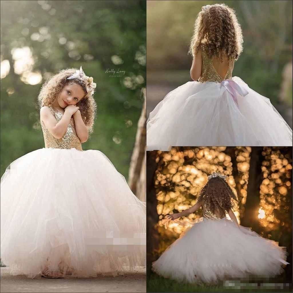 2019 Adorable Girls Pageant Dresses Gold Sequined Top Tulle Ball