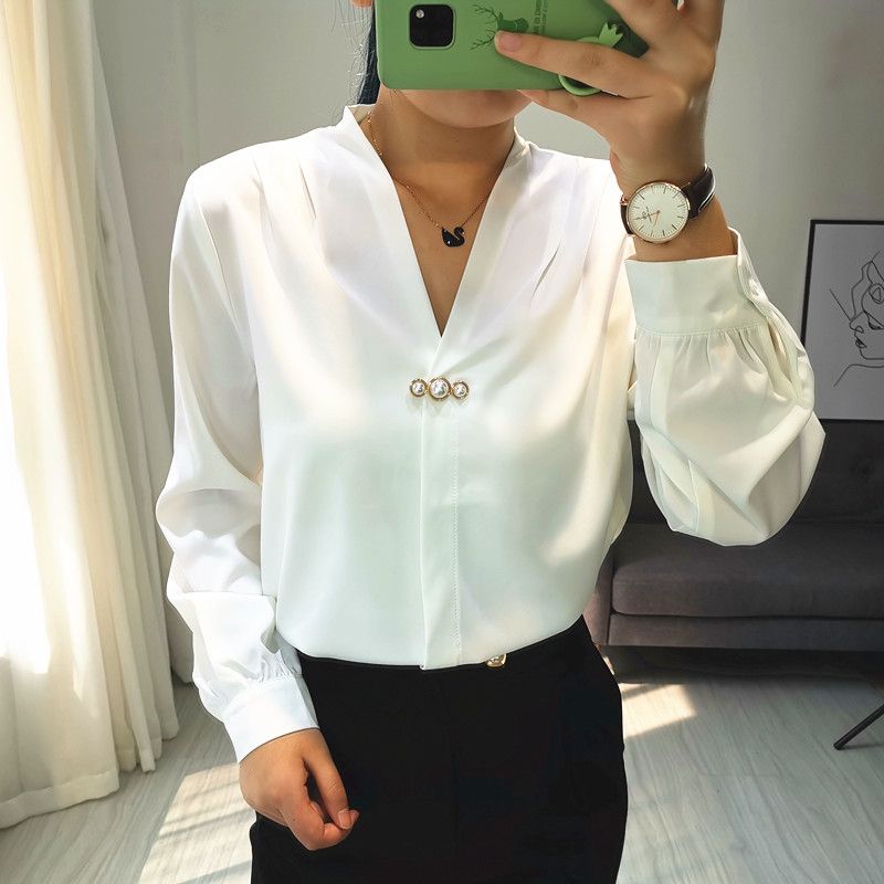 2021 Summer Autumn Women Fashion Long Sleeves Satin Blouse Femme V Neck Street Shirts Elegant Imitation Silk Blouse From Sogga 22 24 Dhgate Com