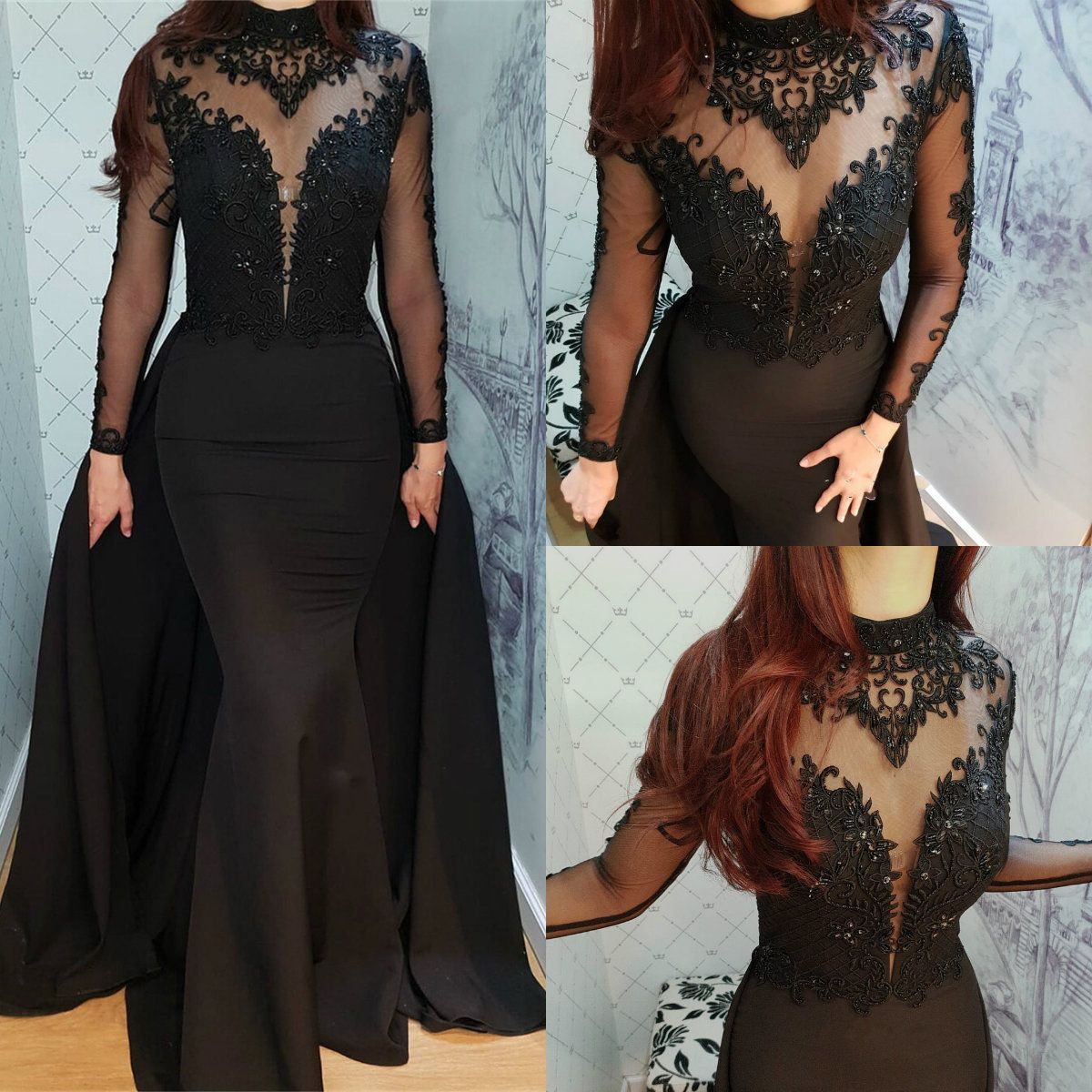 Black Mermaid Evening Dresses With Detachable Overskirts High Neck Lace ...