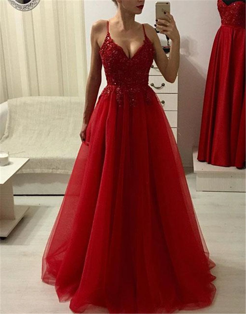 red tulle gown