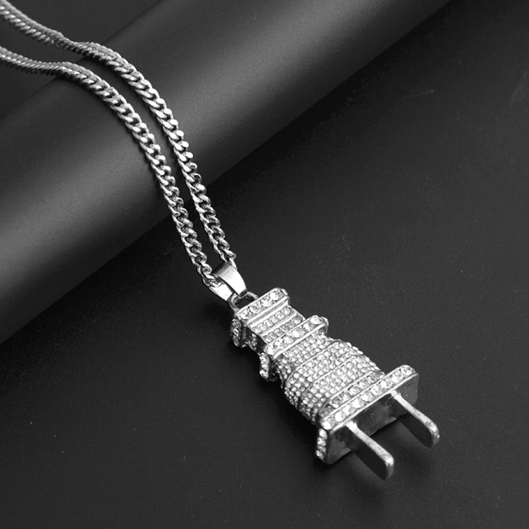 Long Pendant Hip Hop Necklace Chain Men Punk Rhinestone Wall Plug Necklace Gifts