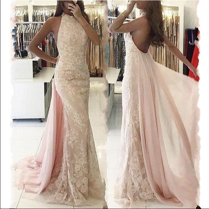 Stunning Full Lace Evening Dresses With Wrap Halter Backless Sweep