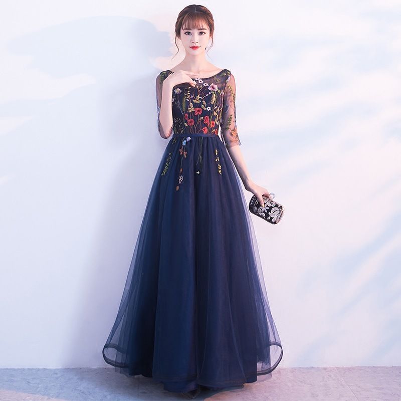 blue embroidered prom dress