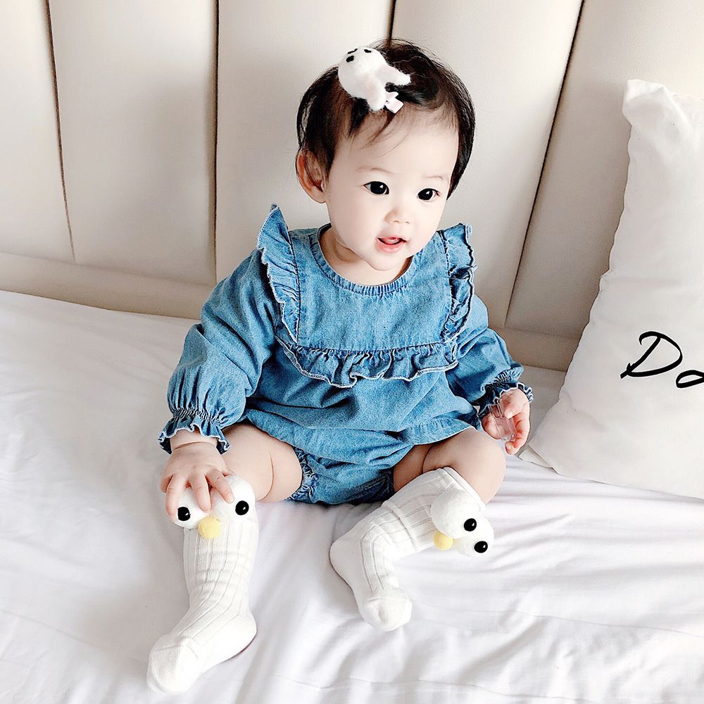 Infant Baby Girls Long Sleeve Flouncing Solid Rompers Bodysuit+Headband 2Pcs Set