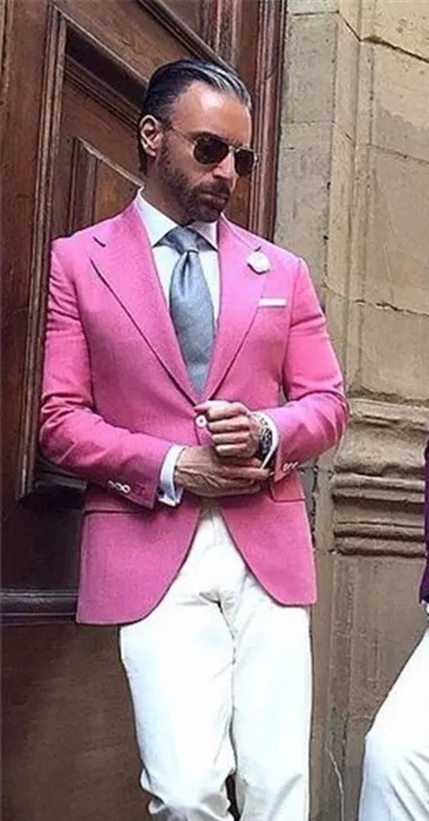 white tux pink shirt