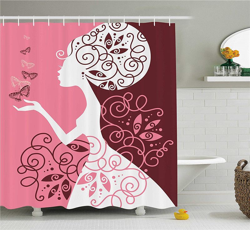 Pink Shower Curtain Artistic Drawing Girl With Butterflies Floral