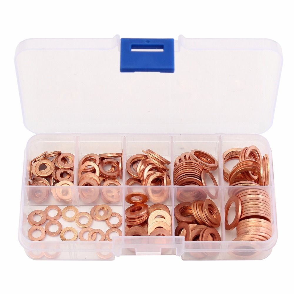Juego de 200 arandelas de cobre de 9 tama/ños M5-M14 juntas de cobre con anillo plano y caja de pl/ástico para equipos de maquinaria