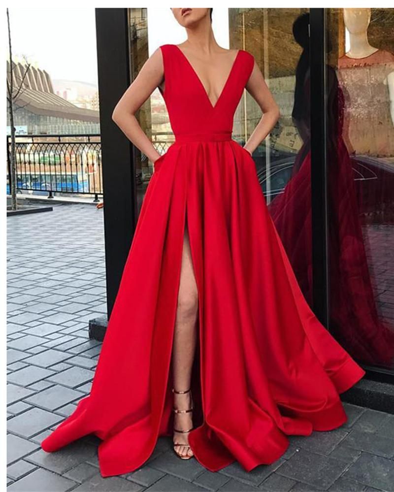 Vestidos fiesta rojos baratos 2019 línea de cuello en V profundo vestidos de