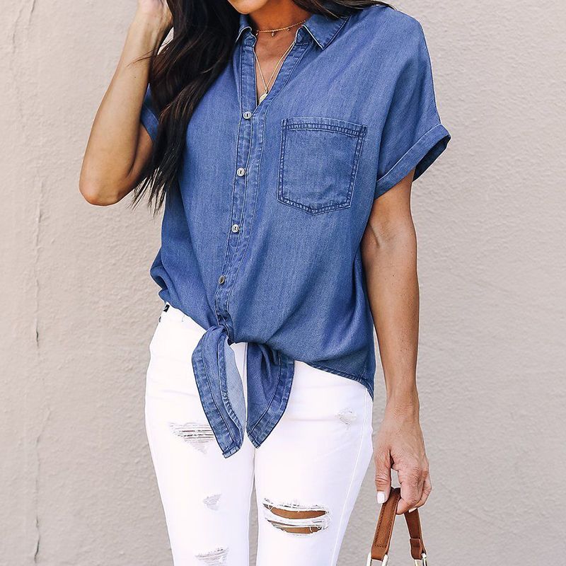 Compre 2019 De Verano De Las Mujeres Superiores De Blusas Jeans Con Bolsillos De Manga Corta De La Vendimia Botón Casual Jean Camisa Azul Ropa Femenina Señora Blusa Al Por Mayor A