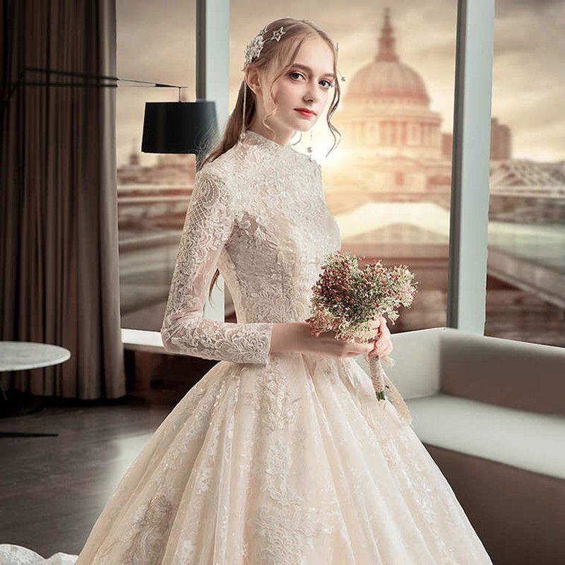 Acquista Abiti Da Sposa Vintage Con Collo Alto In Pizzo Con Scollo A VENTO  2019 Maniche Lunghe Una Linea Abiti Da Sposa Cerniera Posteriore A 200,21 €  Dal Sarawedding | DHgate Italy