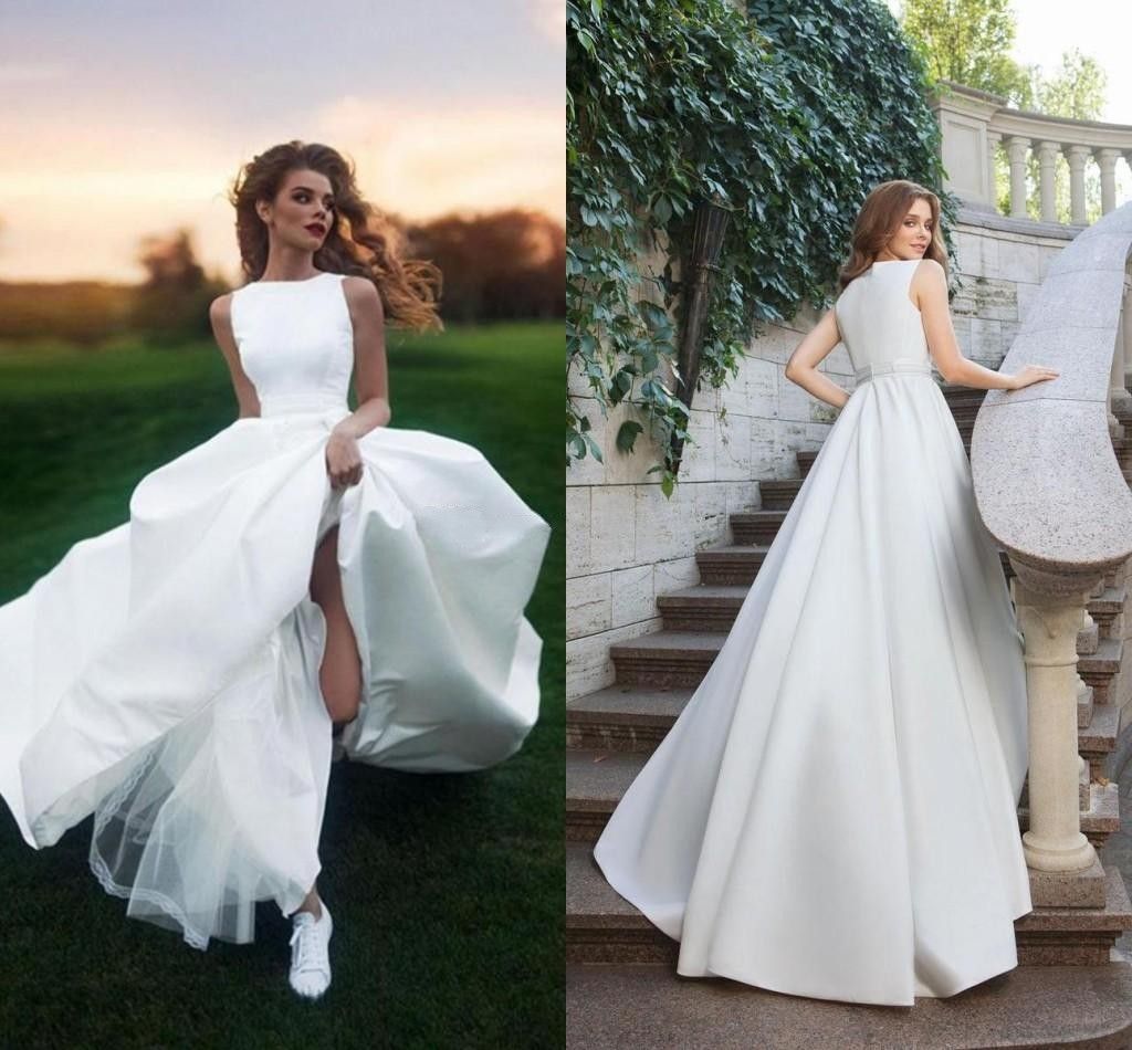 Discount Simple Satin Wedding Dresses Bateau Neck Sleeveless