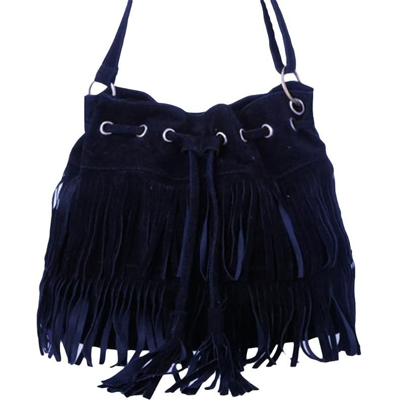 Bolsa de las mujeres de imitación del ante de la franja de la borla del hombro bolsos de la bolsa de mensajero negro Bolsa de las mujeres de imitación del ante de la franja de la borla del hombro bolsos de la bolsa de mensajero negro