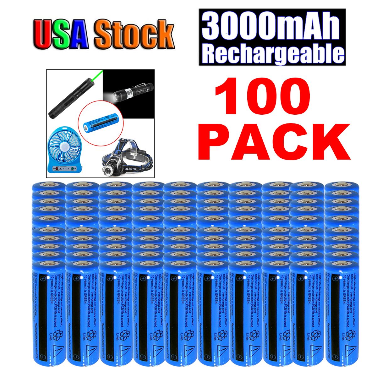 100PCS 3000mAh rechargeable 18650 3.7v BRC Li-ion rechargeable Non AAA ou AA Batterie pour lampe torche stylo laser